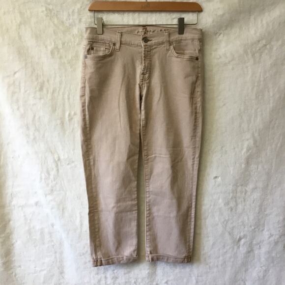 7 For All Mankind Denim - 7 For All Mankind Beige Skinny Crop & Roll Jeans